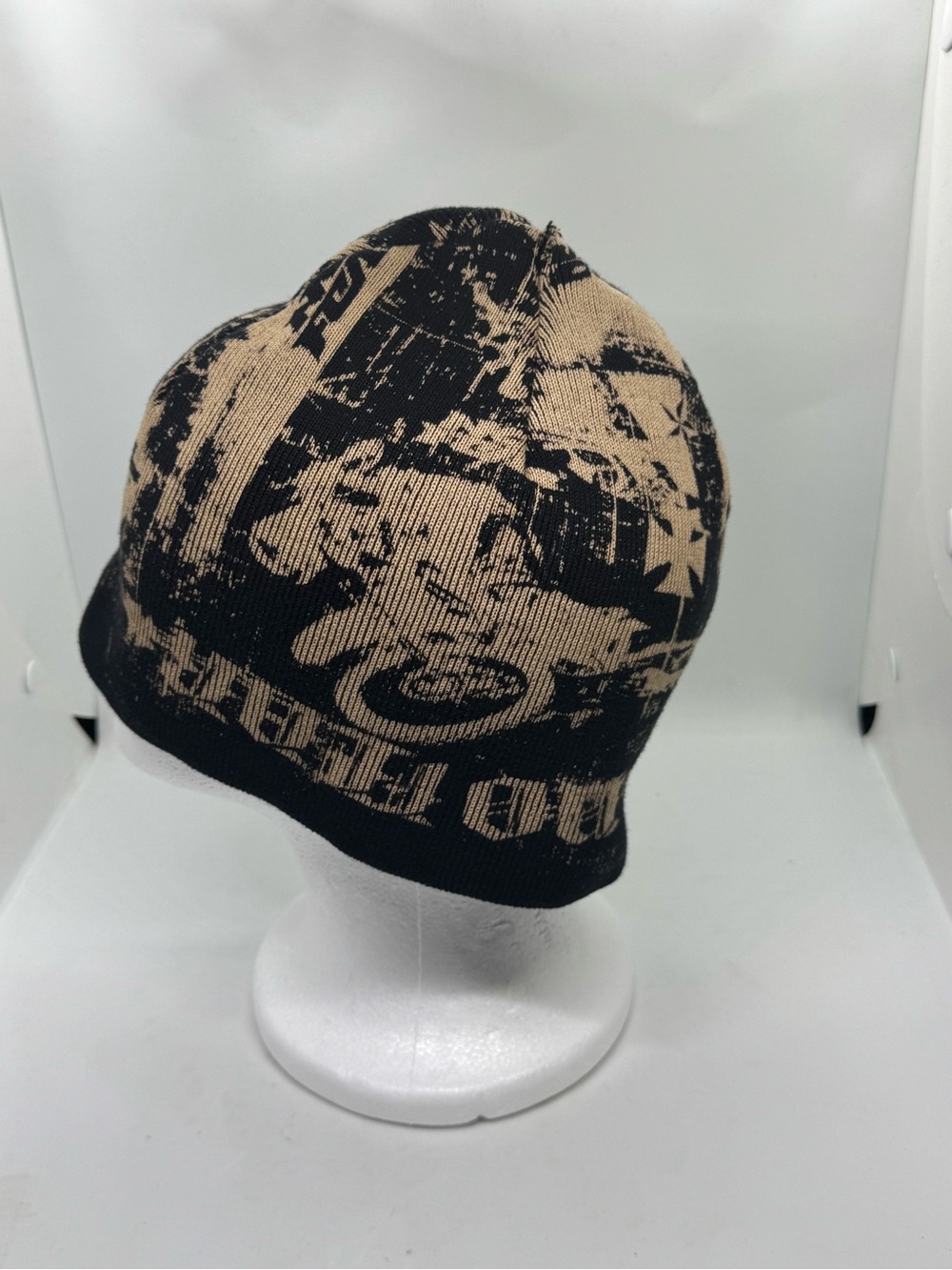 No Fear Graphic Knit Beanie Hat Black Tan Y2K Moto Skater One Size - Picture 3 of 8
